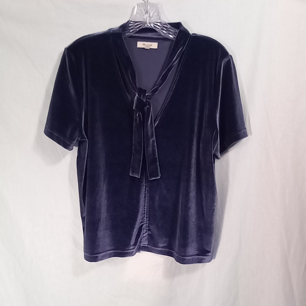 Madewell Blue Velvet Neck-Tie Short Sleeve Top- Size L